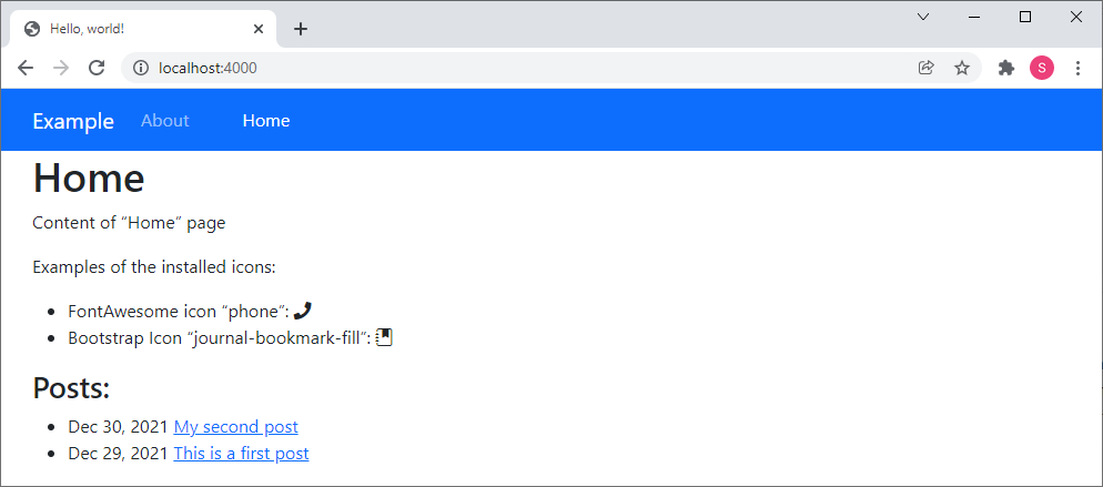 Screenshot: Bootstrap-basierte Jekyll-Webseite mit FontAwesome